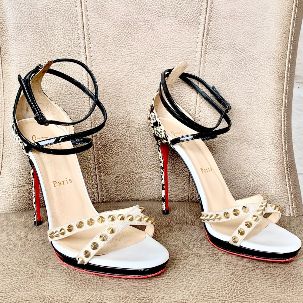 Christian Louboutin Monocronana 120 Black White Splattered Gold Spike 37 1/2